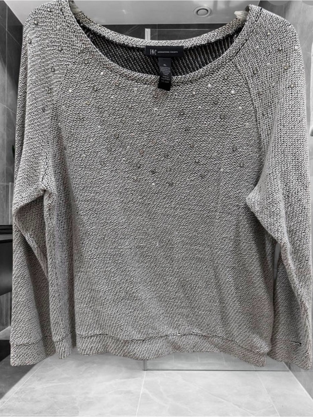 INC International Concepts Gray Crewneck Sweater with rhinestones Bead Detail xl